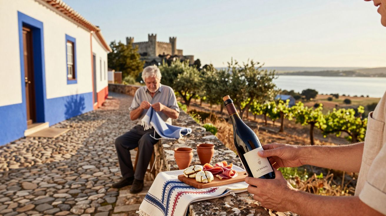 Homem segurando garrafa de vinho, enquanto outro tricota, com castelo ao fundo e paisagem vinícola ao entardecer.
