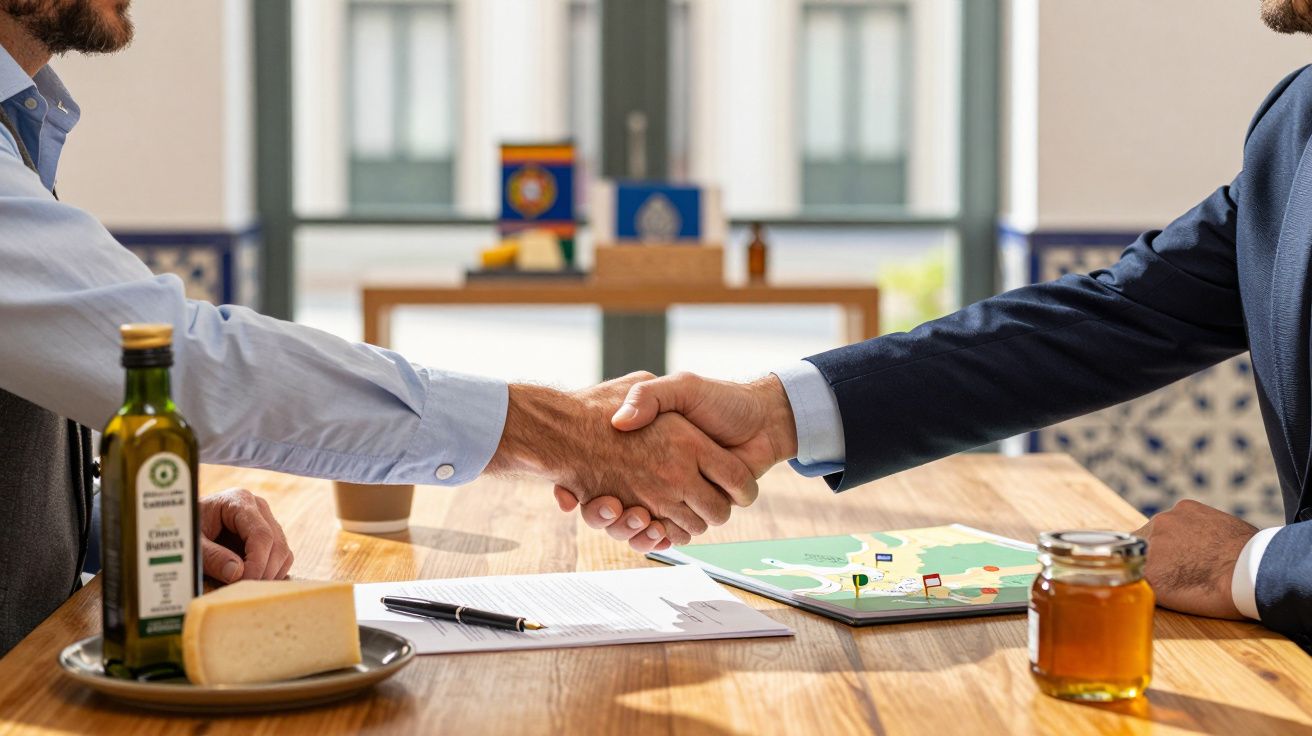 Duas pessoas a apertar as mãos sobre uma mesa com azeite, queijo, mel e documentos.