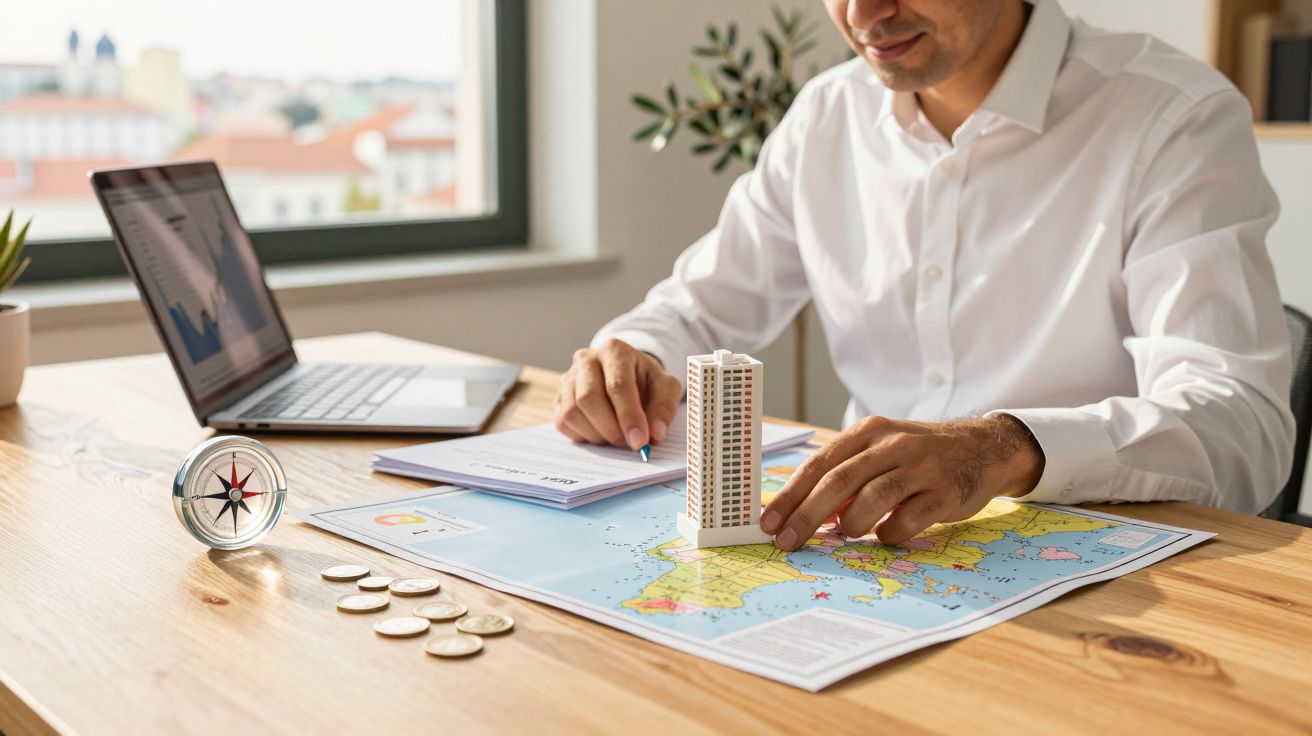 Homem analisa mapa com laptop e maqueta de edifício, moedas e bússola sobre a mesa.