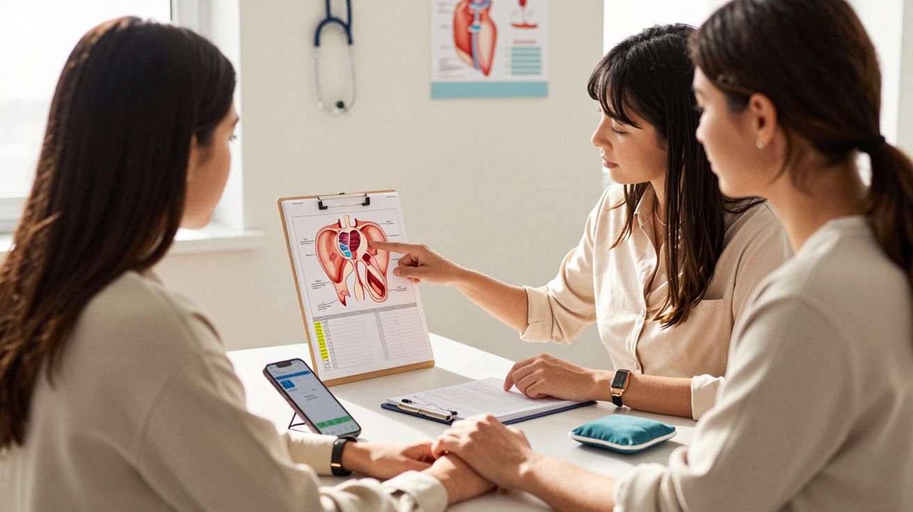 Duas mulheres consultam profissional a apontar diagrama médico de coração numa prancheta, com estetoscópio ao fundo.
