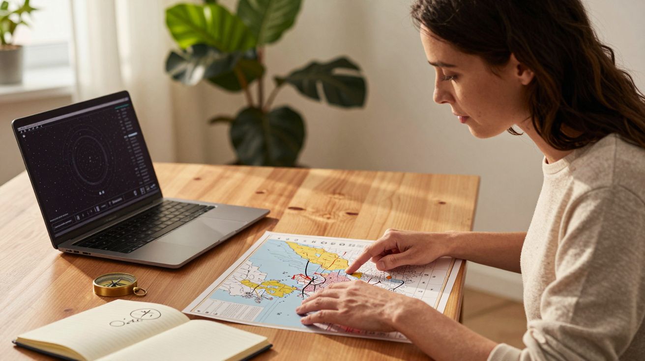 Mulher analisa mapa numa mesa de madeira, com portátil aberto e bússola ao lado, planta ao fundo.