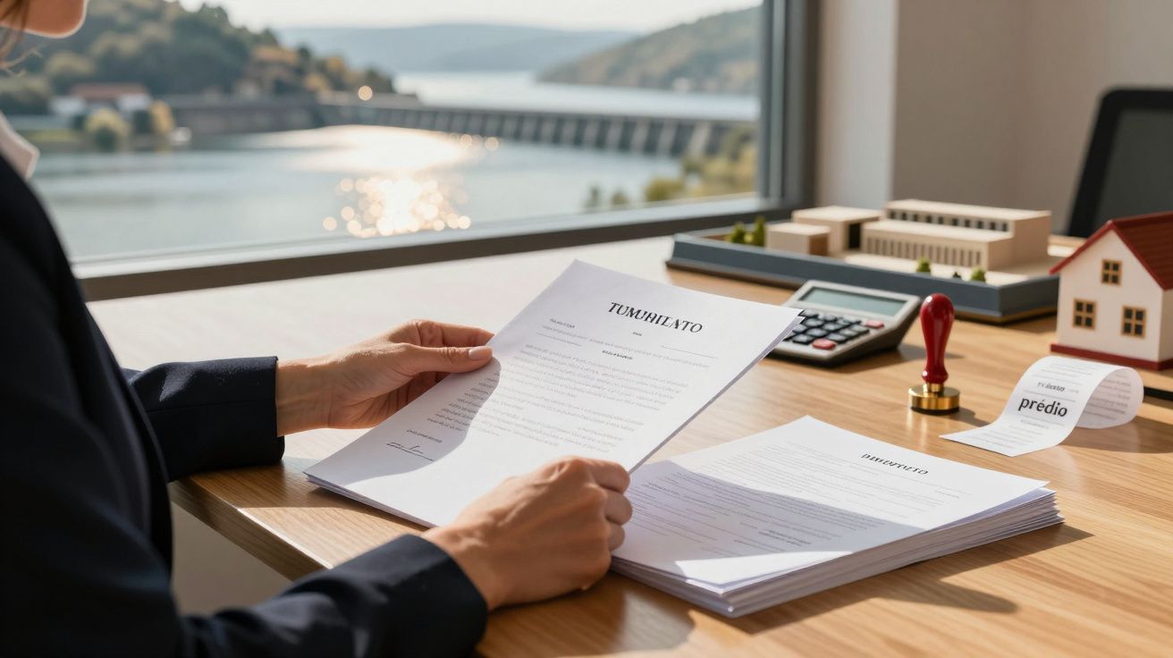 Pessoa segura documento de tributação em escritório com vista para rio, calculadora e modelos de edifício na mesa.