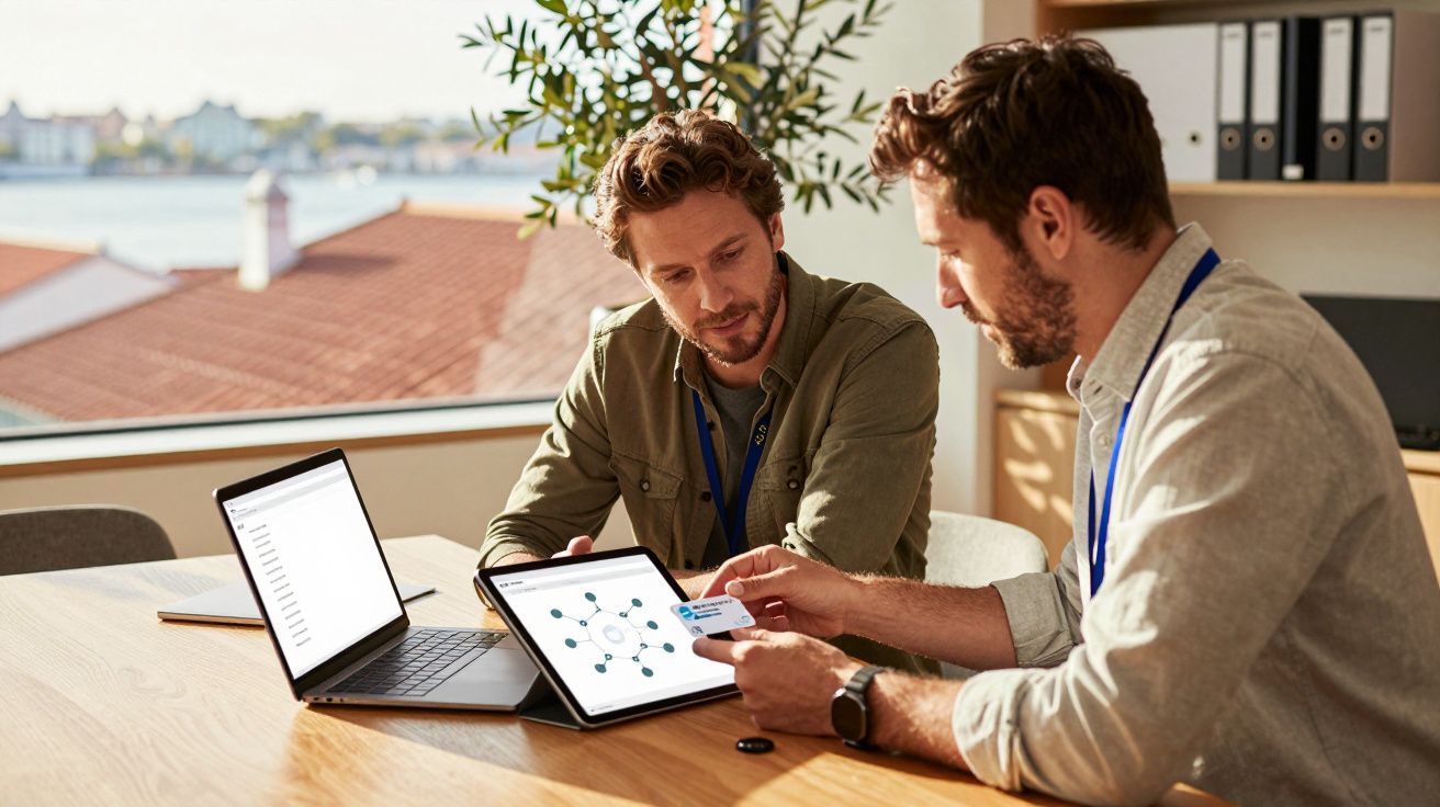 Dois homens discutem sobre gráficos em tablets e portáteis numa sala de reuniões iluminada pelo sol.