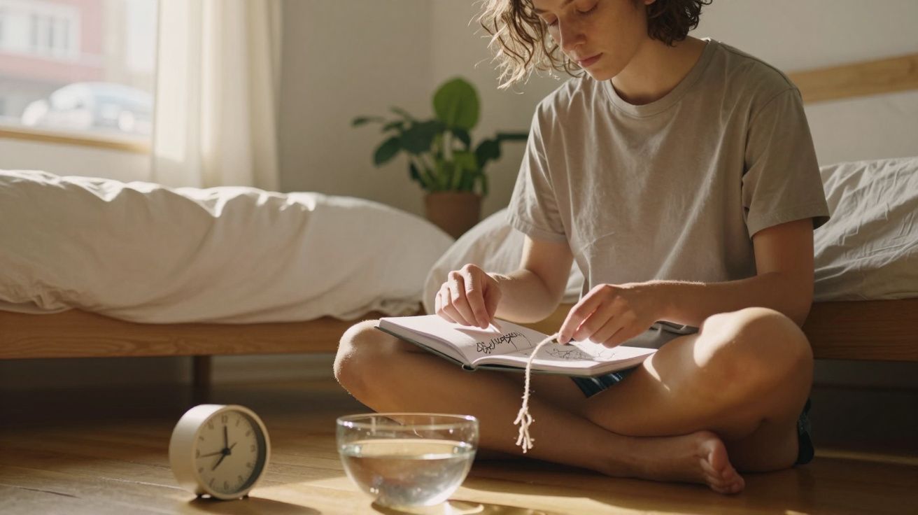 Pessoa sentada no chão a ler um livro ao lado de uma cama. Há um relógio e um copo de água próximos.