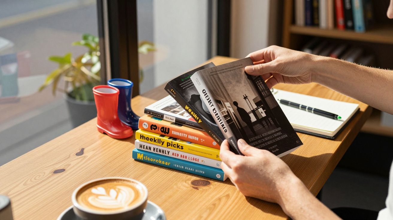 Pessoa folheia livro numa mesa com café, bloco de notas e livros empilhados. Luz natural entra pela janela.