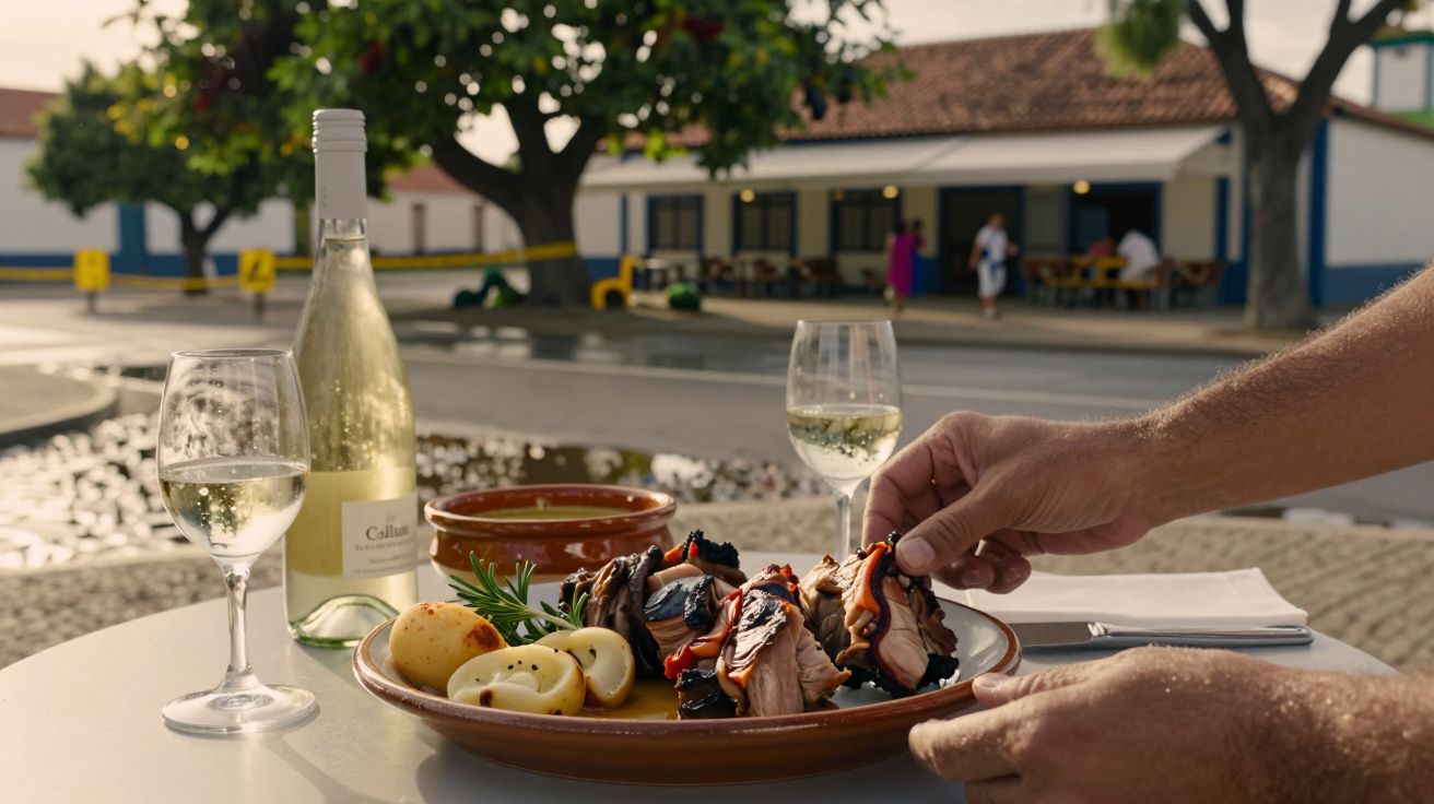 Garrafa de vinho e prato de marisco numa mesa ao ar livre, com uma aldeia ao fundo.