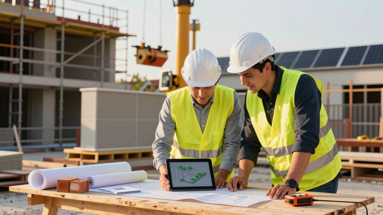 Dois engenheiros com coletes refletivos e capacetes analisam planta digital num tablet em obra ao ar livre.