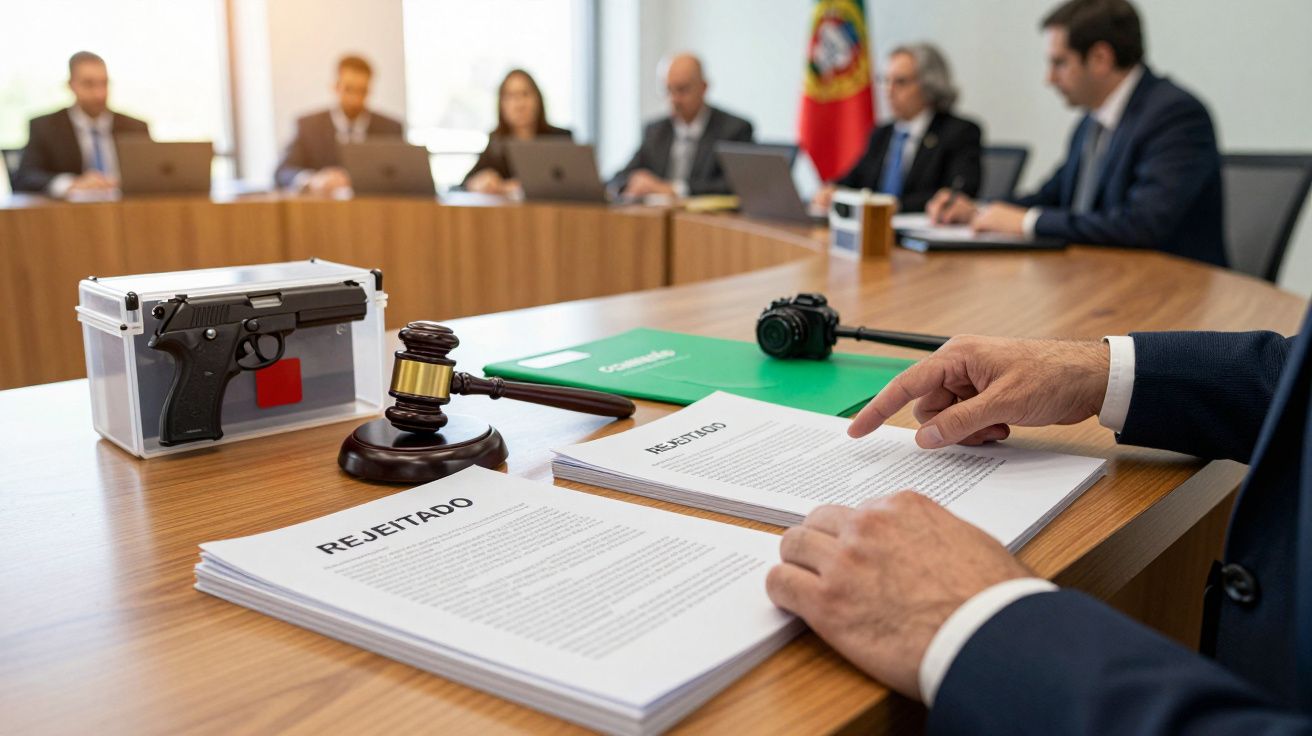 Reunião de conselho com documentos rotulados como "Rejeitado", martelo judicial e uma pistola em caixa transparente.