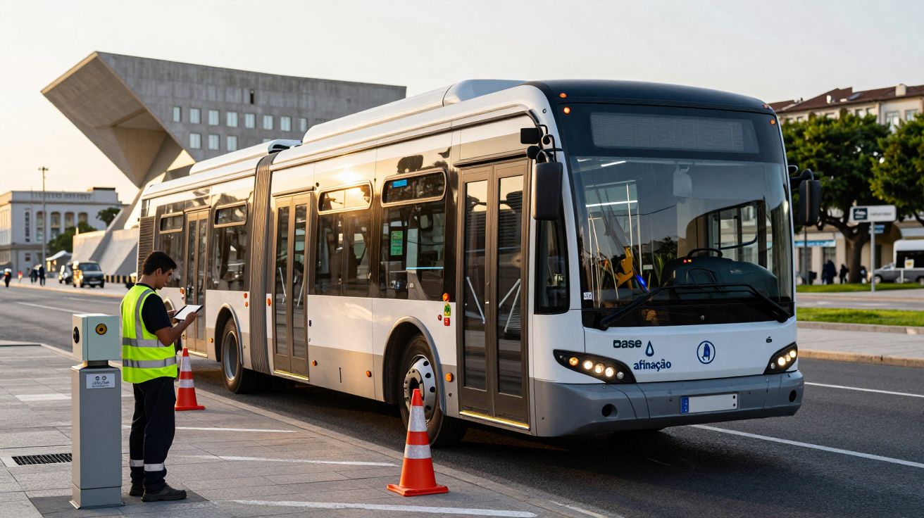 Autocarro moderno na rua, com homem de colete refletor a anotar. Árvores e edifícios ao fundo.