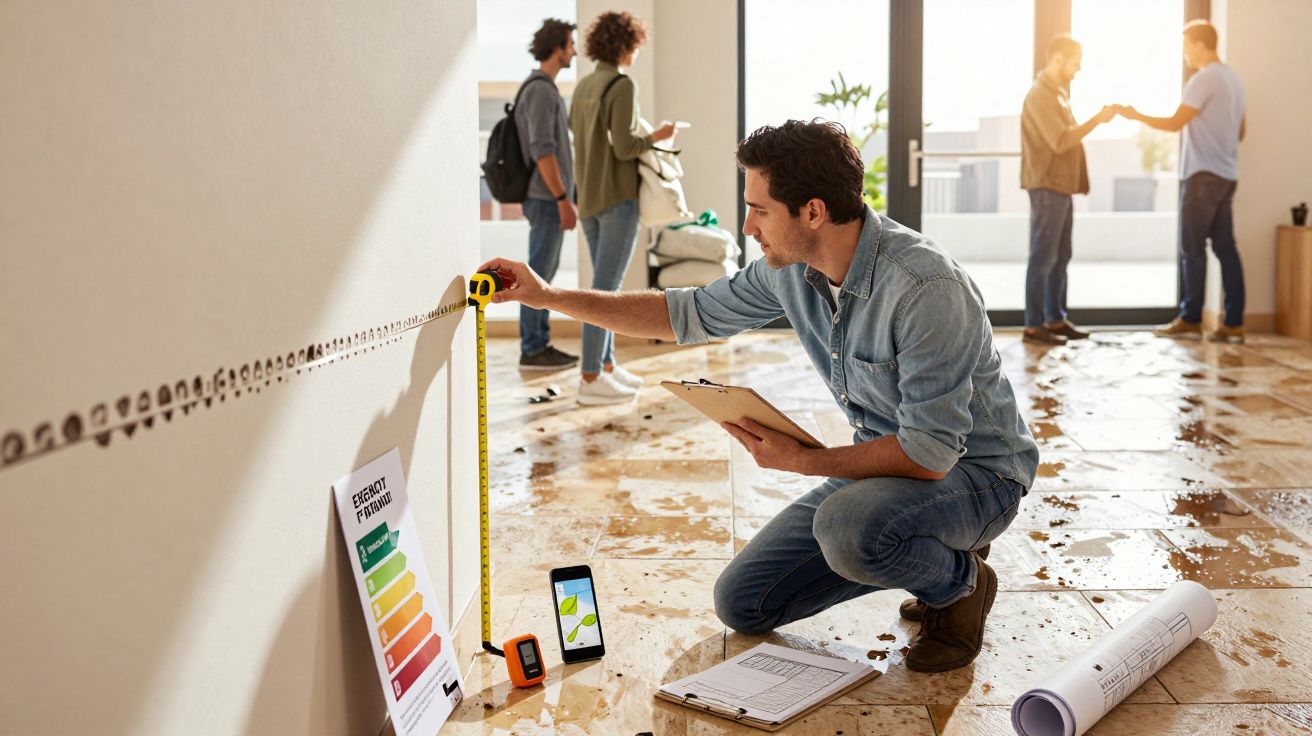Homem mede parede com fita métrica, segurando prancheta. Duas pessoas conversam ao fundo. Piso com plantas desenroladas.