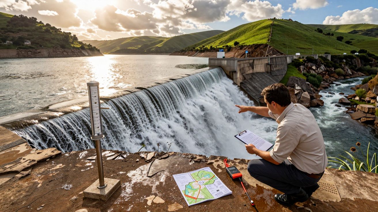 Engenheiro analisa medidores junto a uma barragem com água a fluir, rodeado por colinas verdes sob céu nublado.