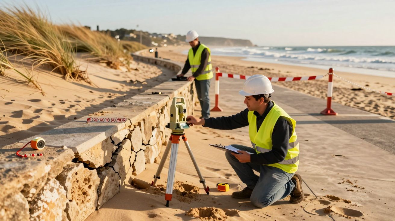Dois engenheiros com capacetes e coletes refletores realizam medições numa praia usando um teodolito.