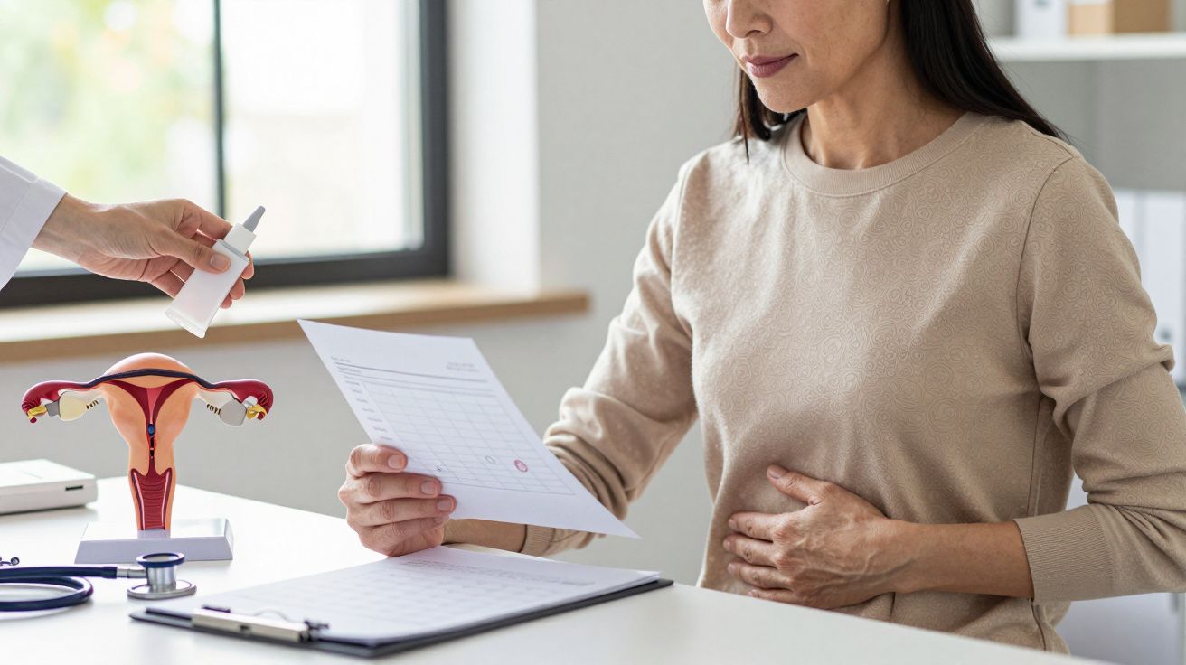 Mulher consulta médica sobre saúde reprodutiva. Segura papel com gráfico, enquanto médico oferece medicamento. Maquete de úte