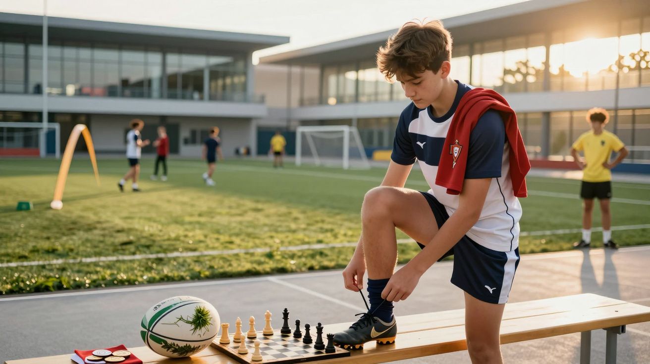 Rapaz com uniforme desportivo amarra o sapato ao lado de tabuleiro de xadrez e bola em campo de treinos.