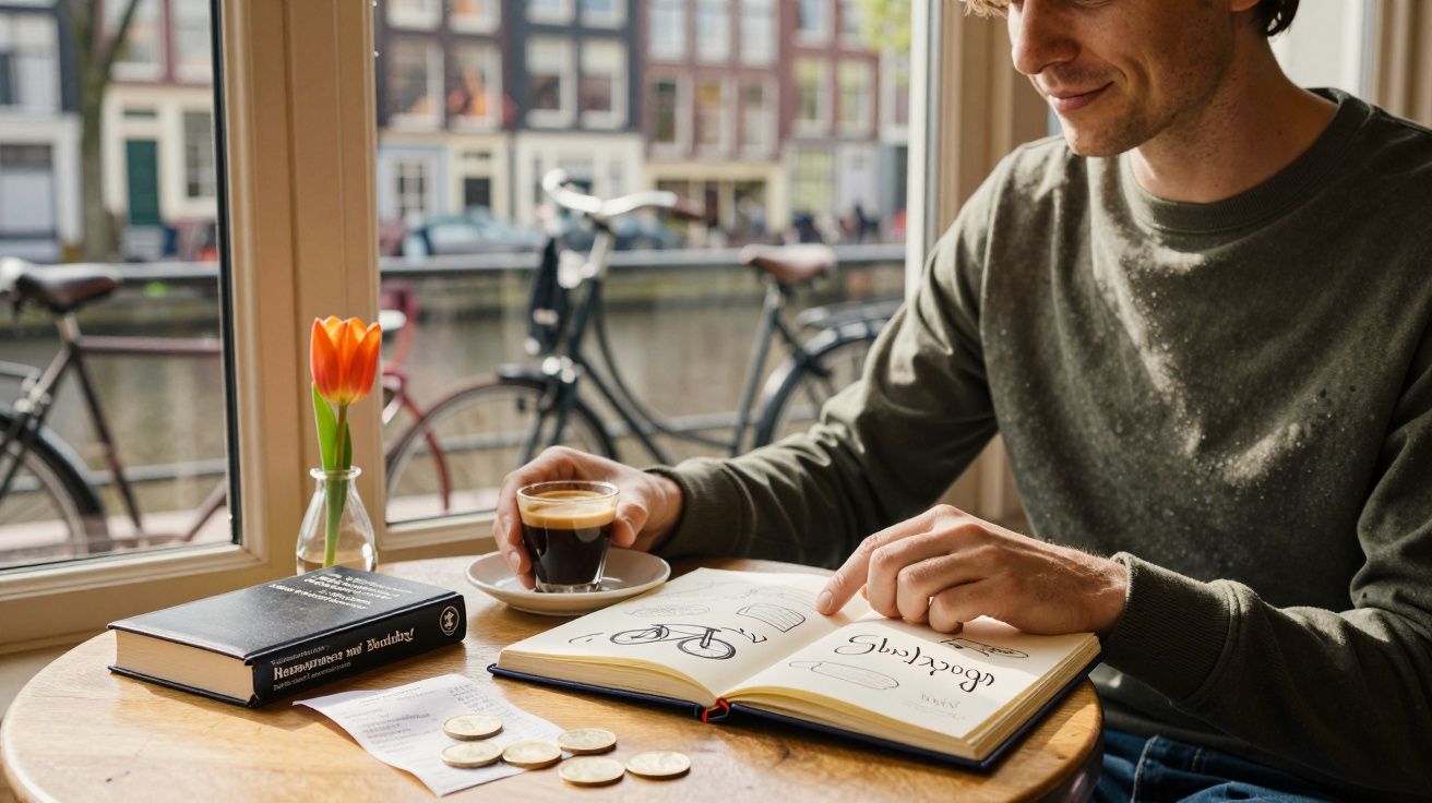 Homem folheia caderno numa mesa com livro, tulipa e café, vista para bicicletas ao fundo.