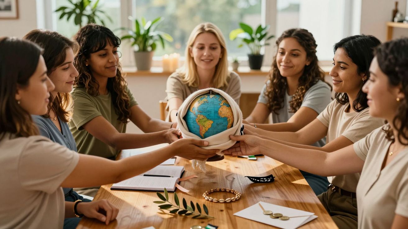 Sete mulheres sorridentes seguram um globo terrestre numa sala iluminada, sentadas à volta de uma mesa de madeira.