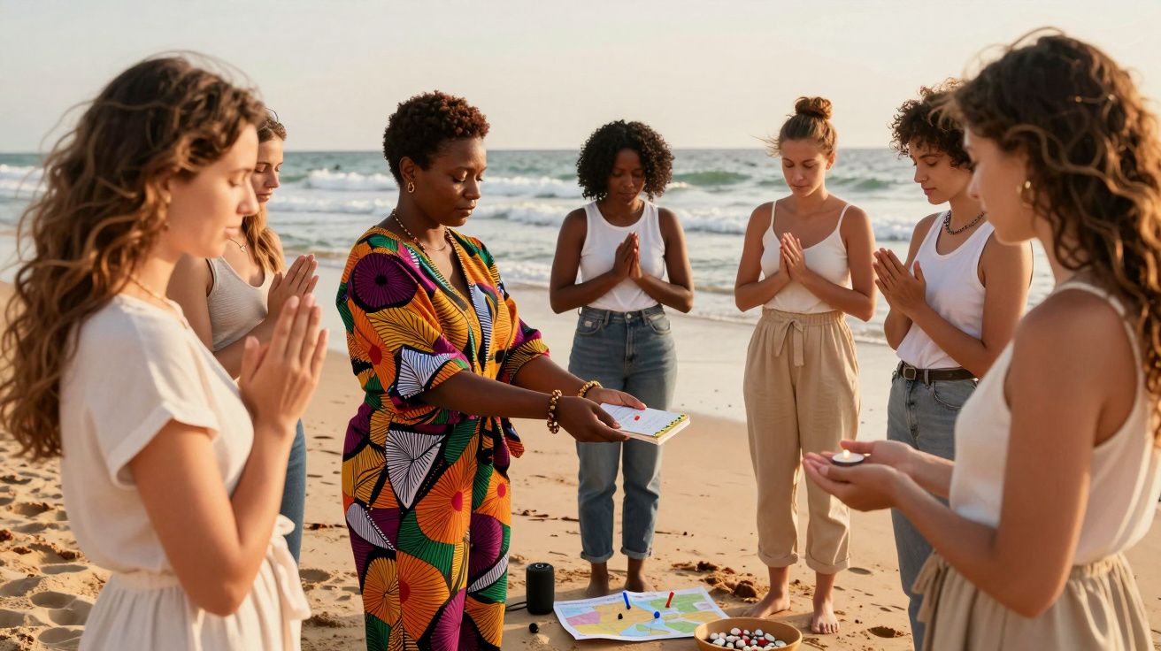 Grupo de mulheres em círculo numa praia, em momento de meditação e partilha, ao pôr do sol.