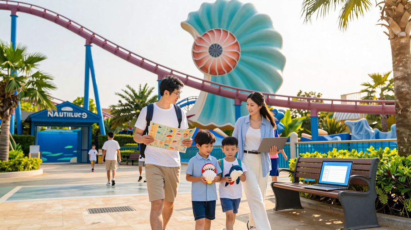Família passeia num parque temático, com mapa e brinquedos, próximo de uma atração em forma de concha gigante.