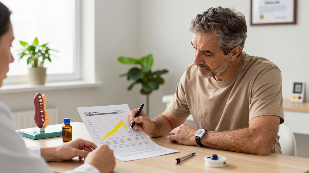 Homem madura analisa gráfico enquanto conversa com médico numa consulta em escritório, com plantas ao fundo.