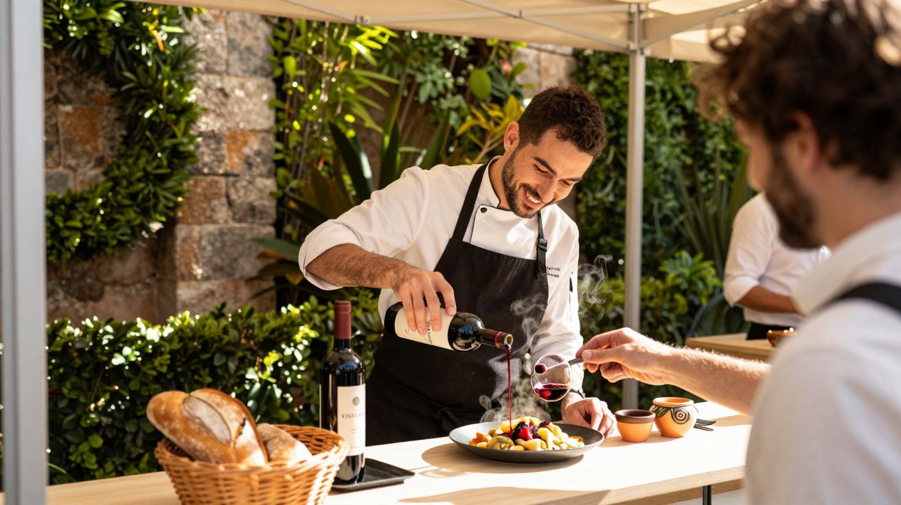 Chef a servir vinho tinto num prato de comida ao ar livre, junto de cesto de pão e garrafa, com plantas ao fundo.