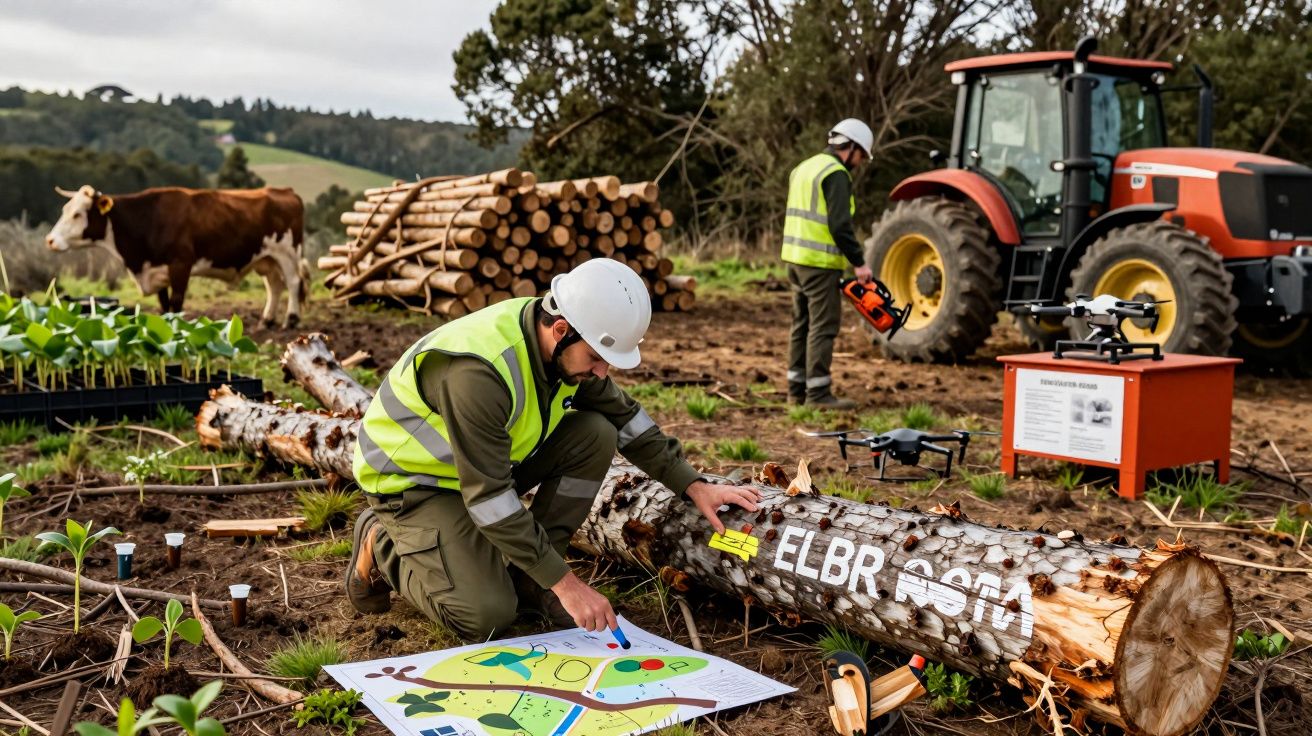 Trabalhadores florestais com coletes e capacetes analisam mapas e árvores cortadas; um trator e uma vaca ao fundo.