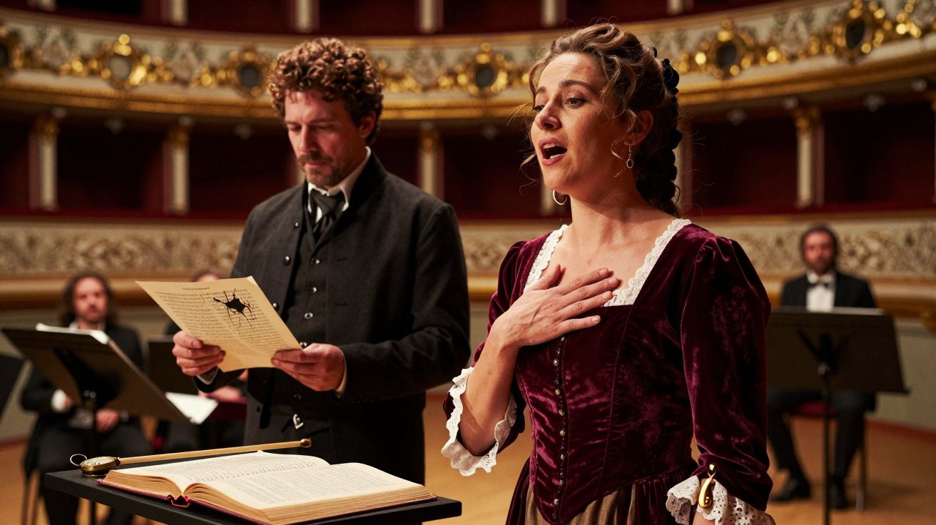 Mulher canta emocionada em palco de teatro, acompanhada por um homem que lê partituras.