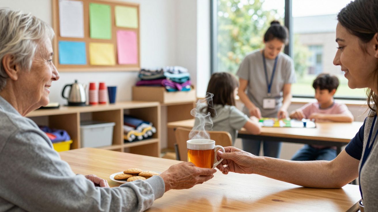 Idosa e cuidadora partilham chá, com crianças a brincar ao fundo numa sala de atividades.