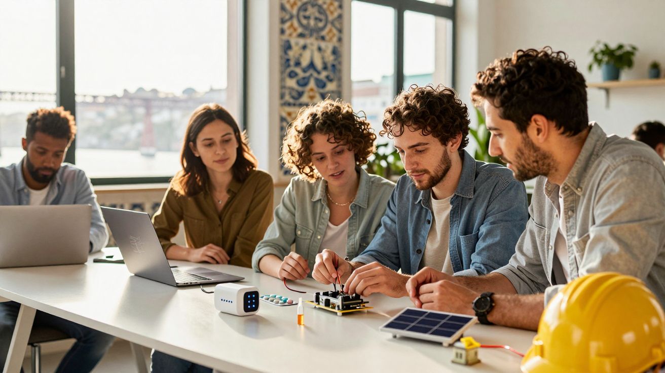 Grupo de jovens sentados numa mesa a trabalhar num projeto eletrónico, com laptops e painéis solares ao fundo.