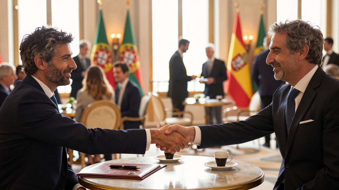 Dois homens em fato e gravata apertam as mãos numa sala com bandeiras de Portugal e Espanha ao fundo.