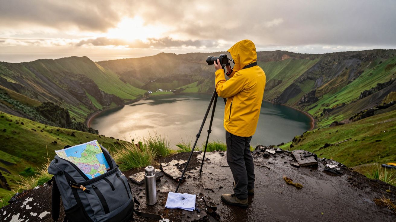 Fotógrafo de casaco amarelo tira foto de uma lagoa vulcânica, com mapa e mochila no chão, ao pôr do sol.