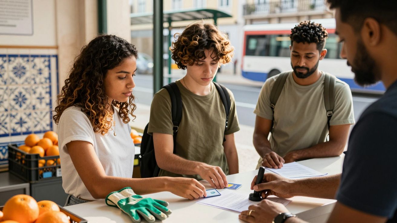 Jovens fazem inscrição numa banca ao ar livre com laranjas ao fundo e pessoa carimba documento.