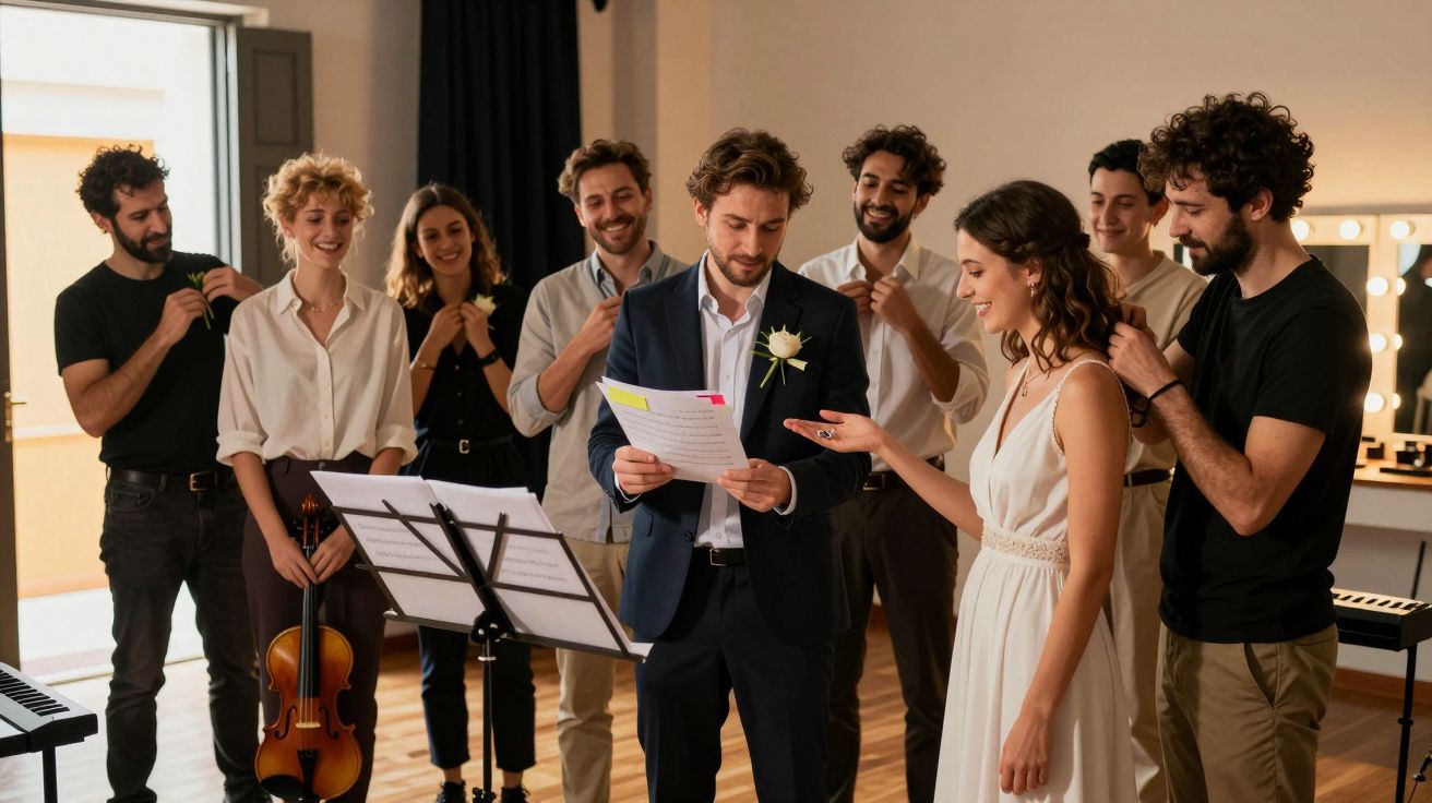 Grupo de pessoas felizes num ensaio, com homem de fato e flor, mulher em vestido branco, músicos e partitura.