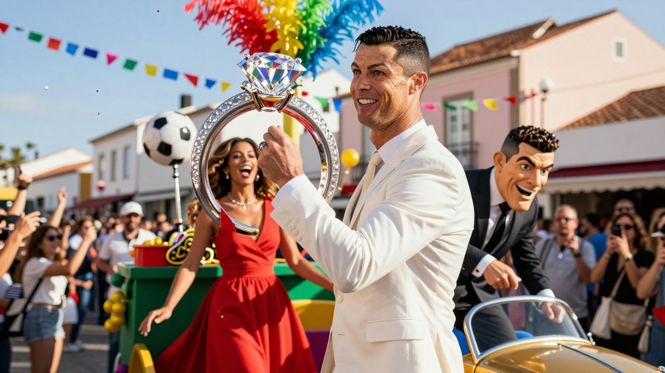 Homem em fato branco segura anel gigante em desfile festivo, rodeado por pessoas com fantasias coloridas.