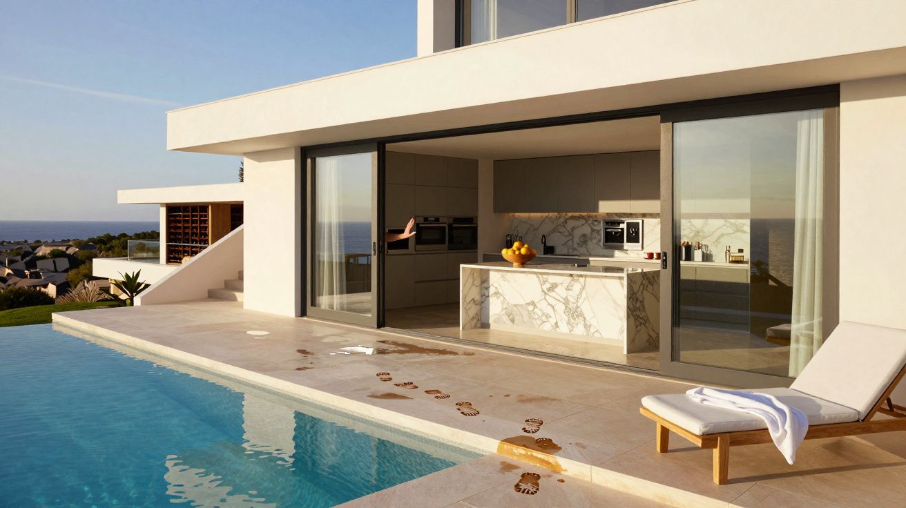 Casa moderna com piscina, pegadas no chão e espreguiçadeira, vista para o mar ao fundo.