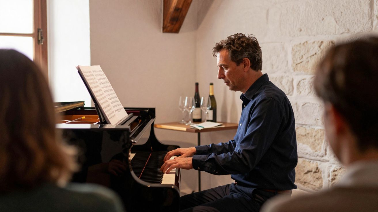 Homem a tocar piano numa sala, com partituras à frente e garrafas de vinho e copos ao fundo.