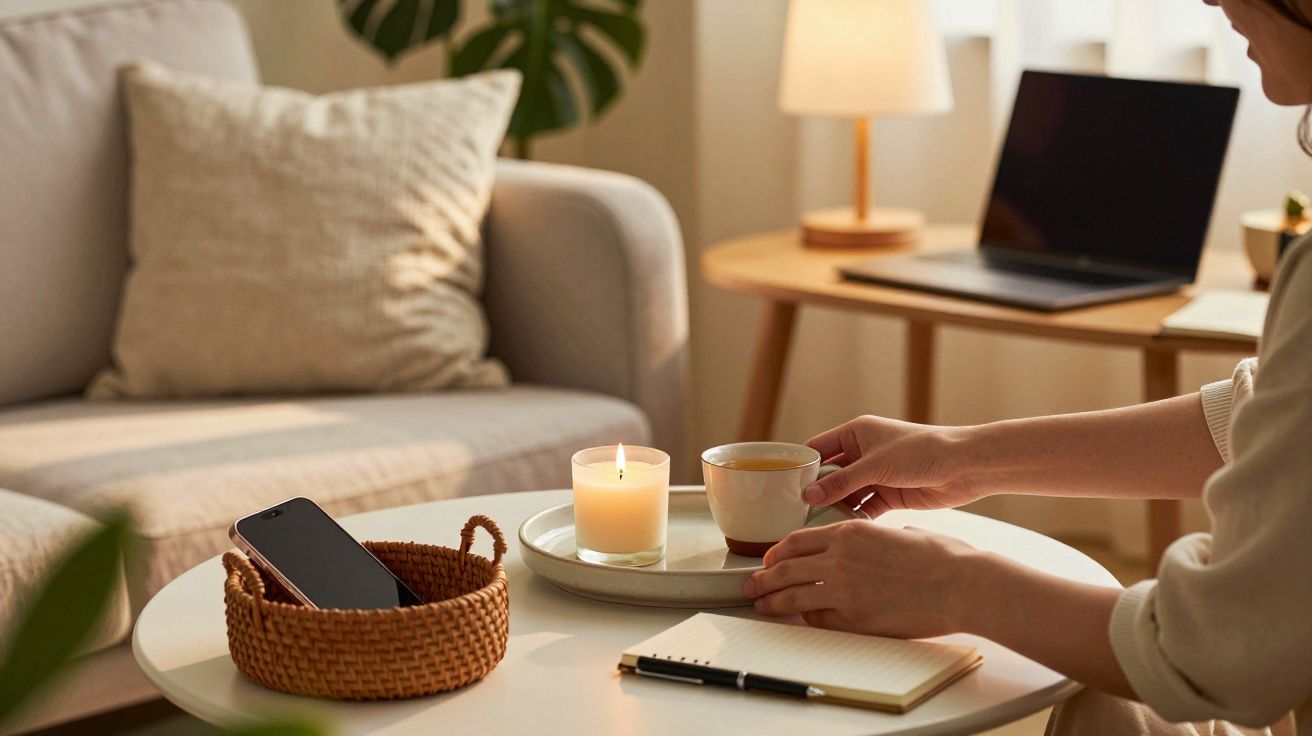 Sala acolhedora com sofá, vela, portátil e mão segurando chá na mesa branca.