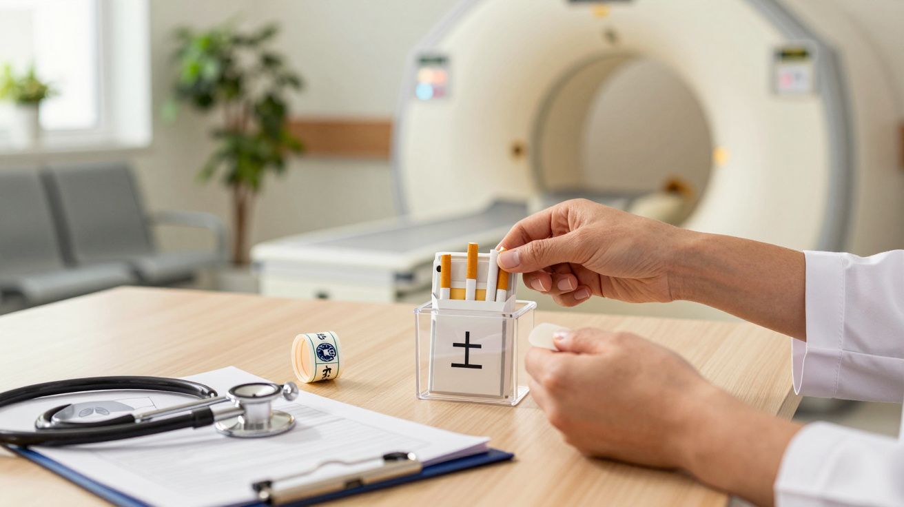 Médico a colocar cigarros em caixa de acrílico num consultório com estetoscópio e equipamento médico ao fundo.