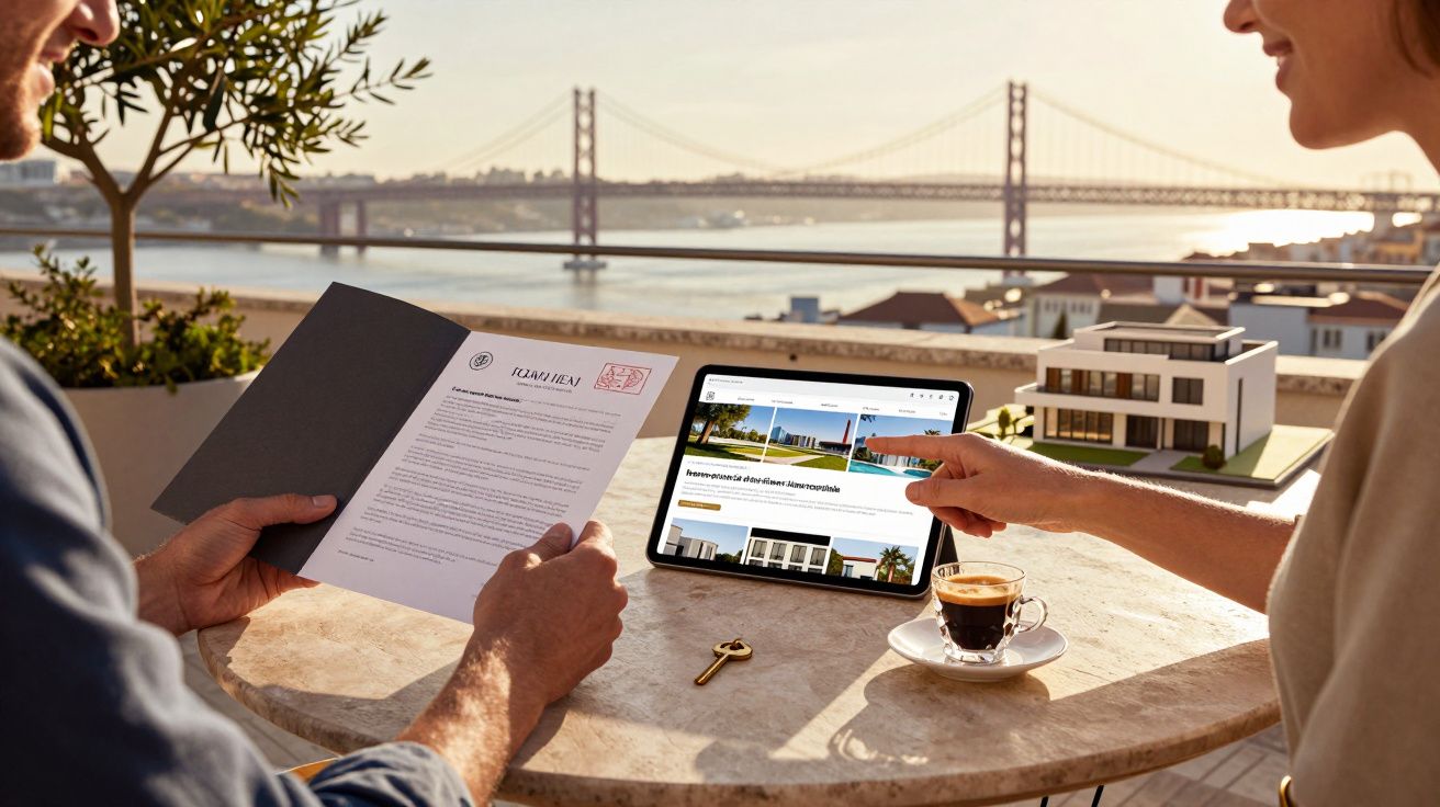 Duas pessoas numa mesa com contrato, tablet e chave, vista da ponte ao fundo.