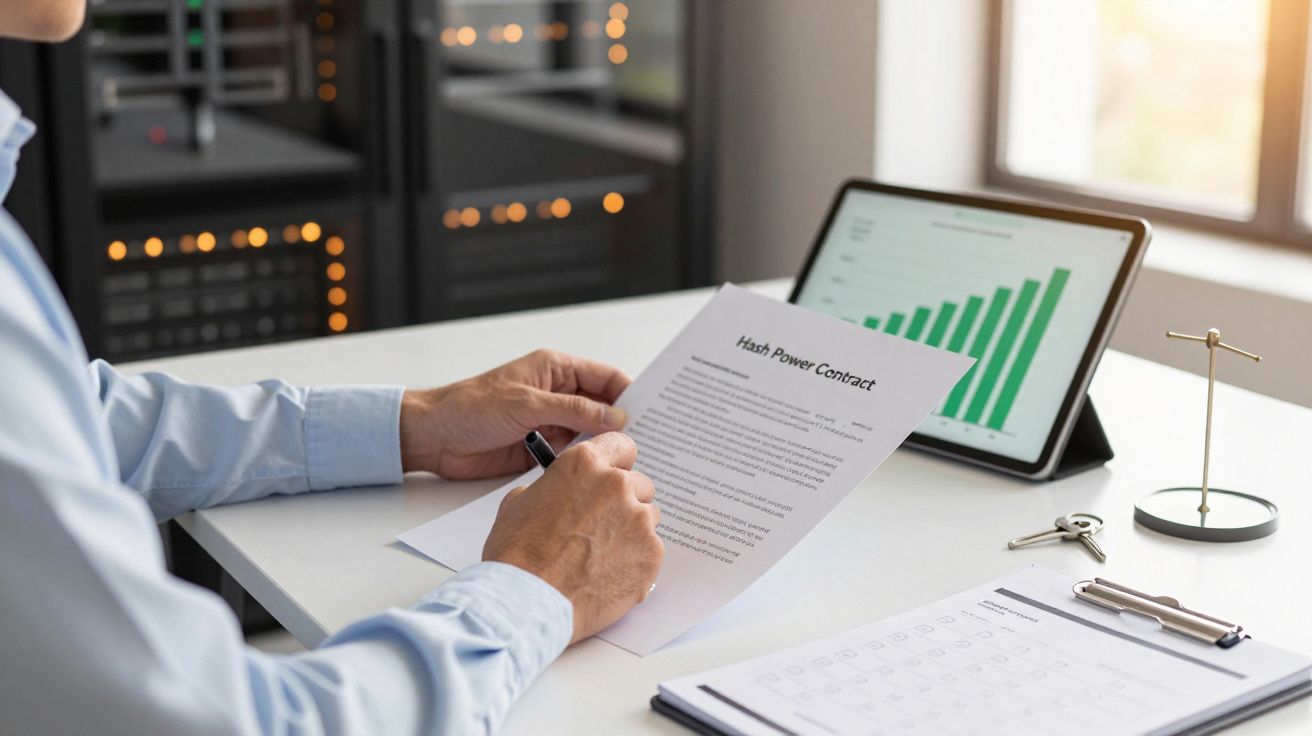 Pessoa revê contrato em papel, com gráfico de barras em tablet ao fundo, num escritório com equipamento informático.