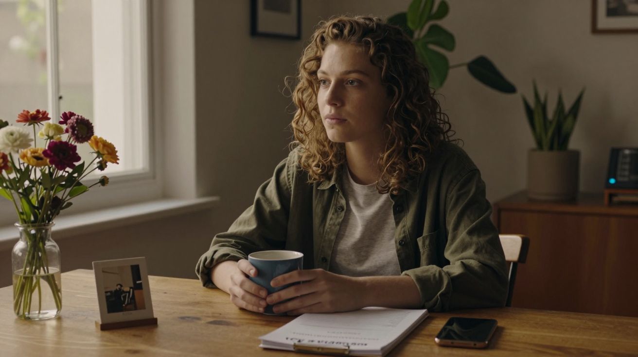 Mulher sentada à mesa com chávena, flores e documentos, olhando pela janela.