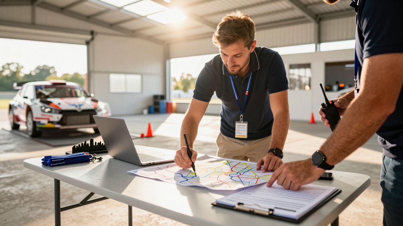 Homens planeiam estratégia de corrida numa garagem, com carro de rali ao fundo e mapas sobre a mesa.