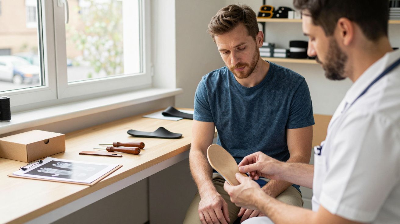 Homem examina palmilha ortopédica com especialista numa sala iluminada, junto a uma janela, ferramentas na mesa.