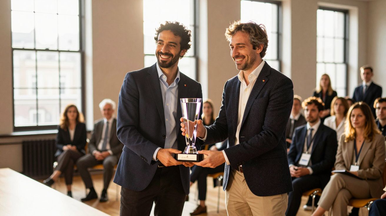 Dois homens de fato seguram um troféu em cerimônia, com audiência ao fundo, em sala iluminada por janelas grandes.