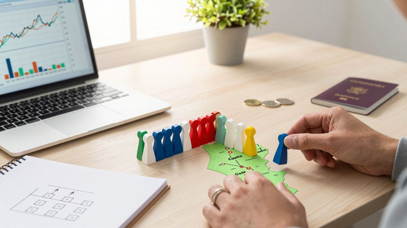 Mãos movem peças coloridas sobre um mapa. Mesa com portátil, bloco de notas, passaporte e planta.