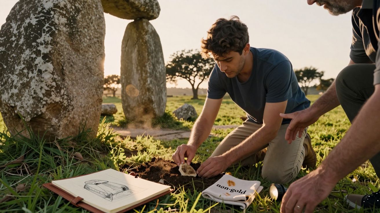 Homem ajoelhado escava terreno ao lado de menir. Caderno com desenho no chão. Árvores e campo ao fundo.