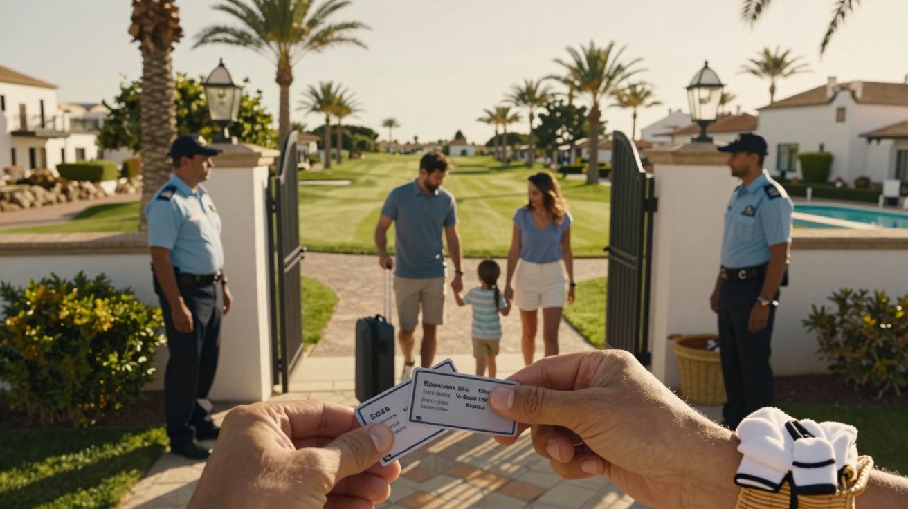 Família entra em resort com segurança, tíquetes à frente, caminho alinhado com palmeiras ao fundo.