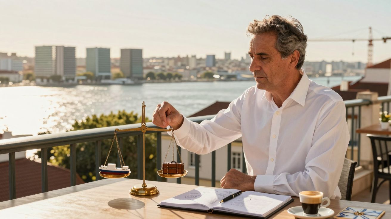 Homem sentado numa esplanada junto ao rio, segurando uma balança e observando-o enquanto toma café.
