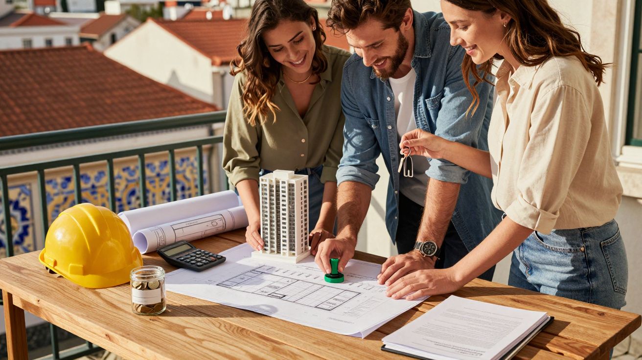 Três pessoas analisam plantas de construção numa mesa com maqueta de edifício, capacete amarelo e material de escritório.