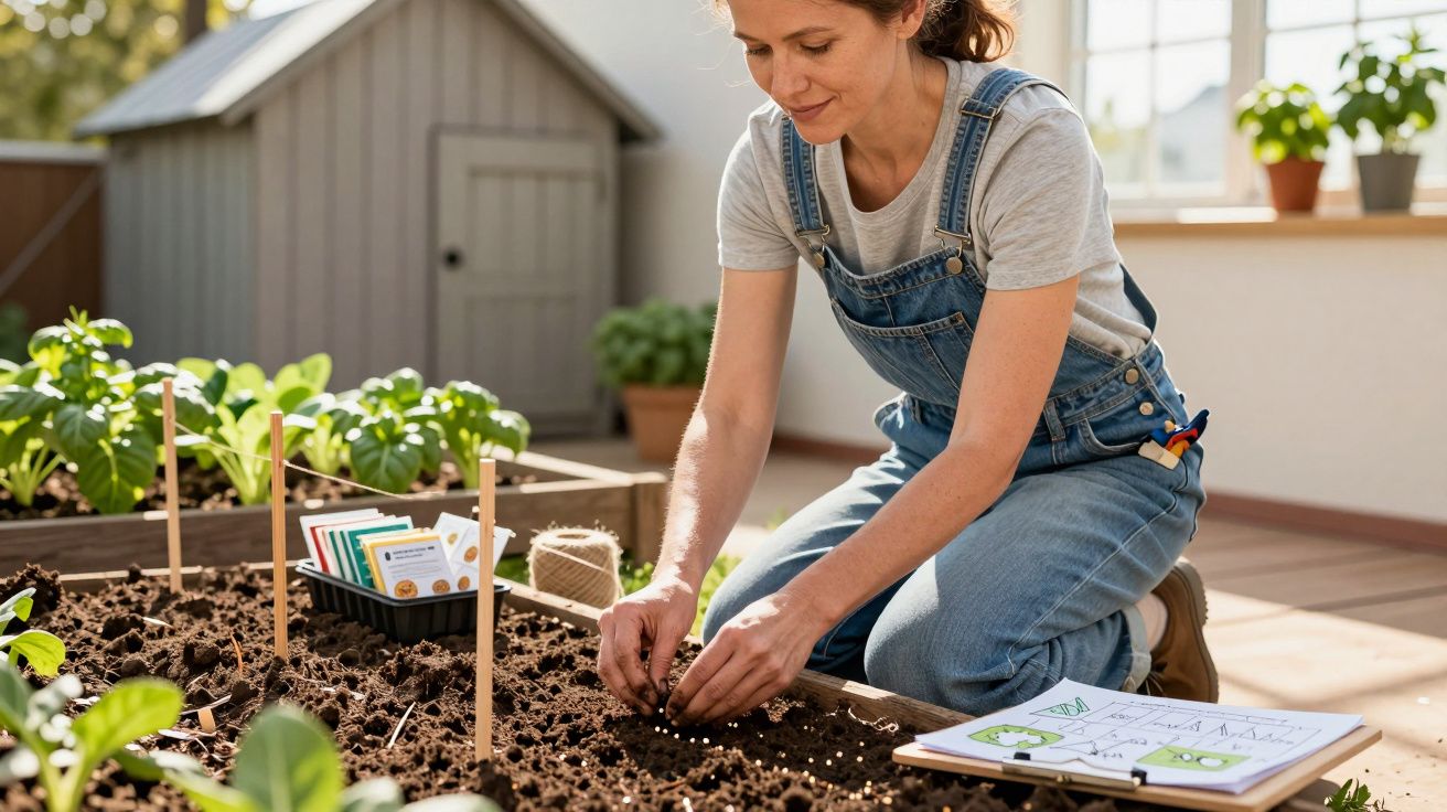 Mulher de jardineiras planta sementes em horta urbana, com utensílios e plantas ao fundo em dia ensolarado.