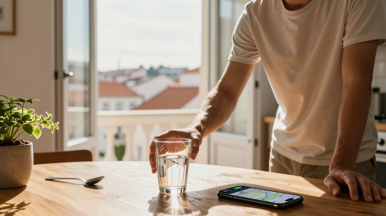 Pessoa pega num copo de água sobre a mesa com smartphone e colher, ao lado de uma planta. Janela aberta ao fundo.